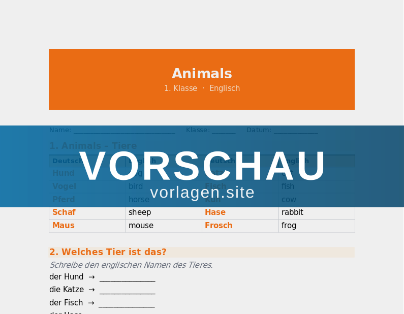 Animals – Tiere auf Englisch