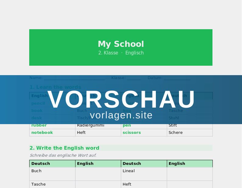 My School – Schulsachen auf Englisch