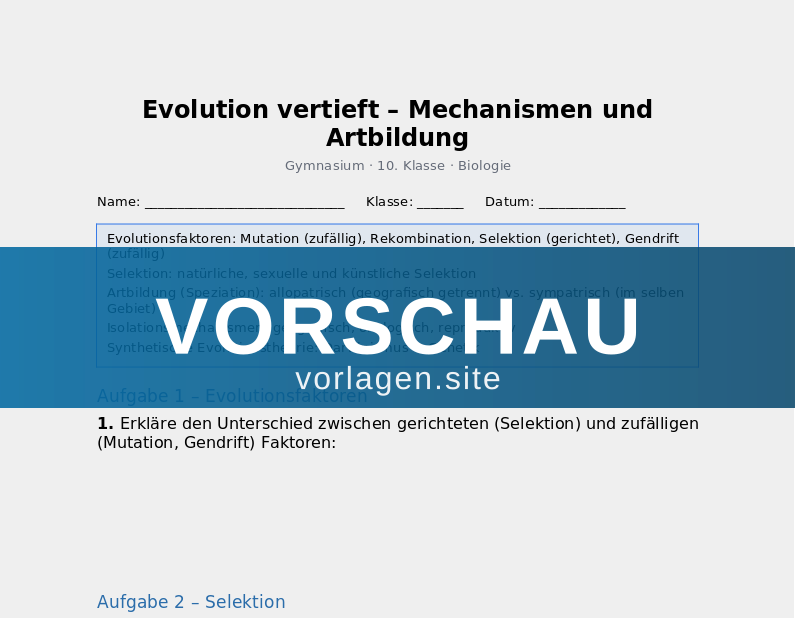 Evolution vertieft – Mechanismen und Artbildung