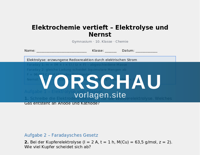 Elektrochemie vertieft – Elektrolyse und Nernst