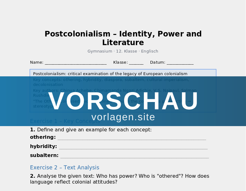 Postcolonialism – Identity, Power and Literature