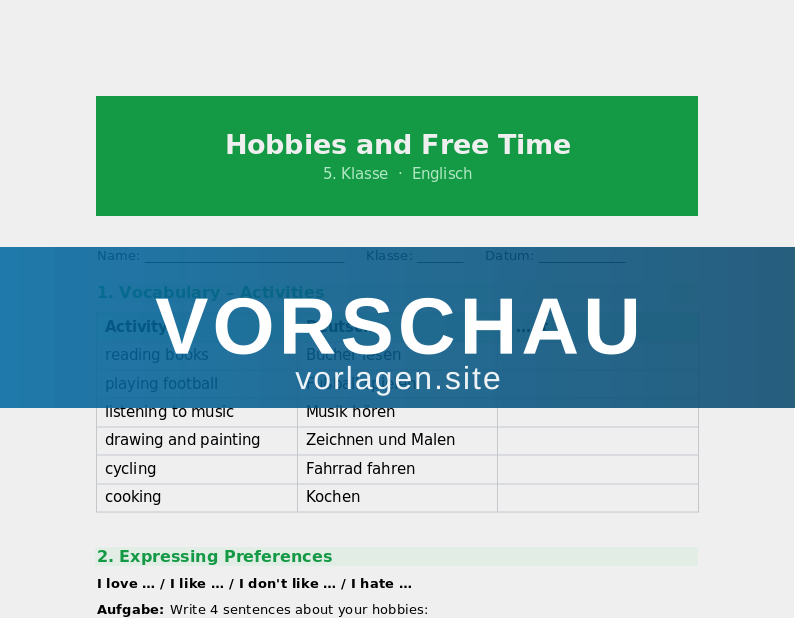 Hobbies and Free Time – Like / Don't Like