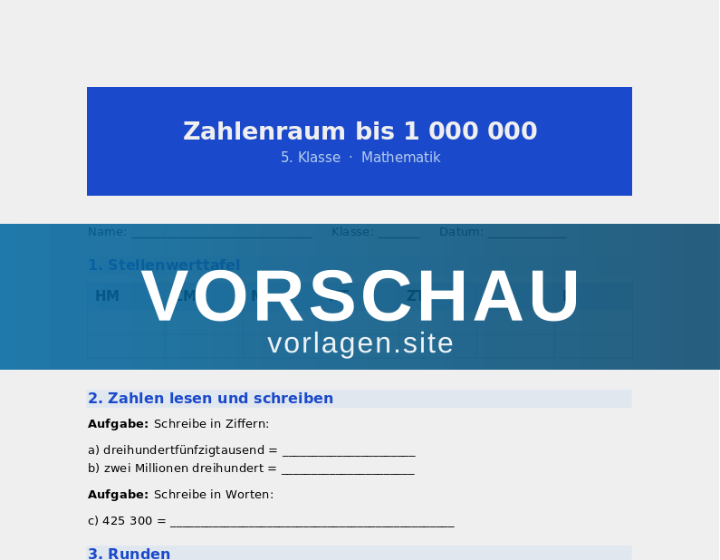 Zahlenraum bis 1 000 000 – Stellenwerte und Vergleich