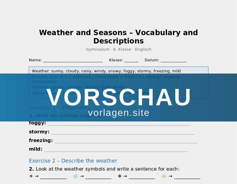 Weather and Seasons – Vocabulary and Descriptions