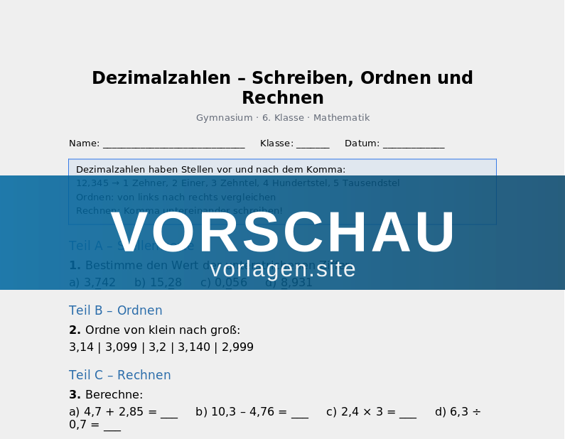 Dezimalzahlen – Schreiben, Ordnen und Rechnen