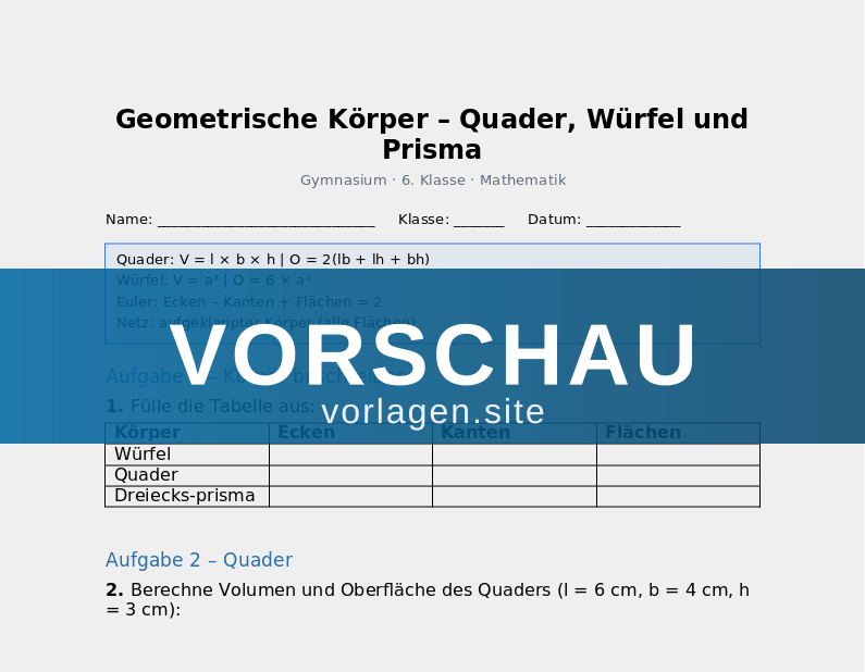 Geometrische Körper – Quader, Würfel und Prisma