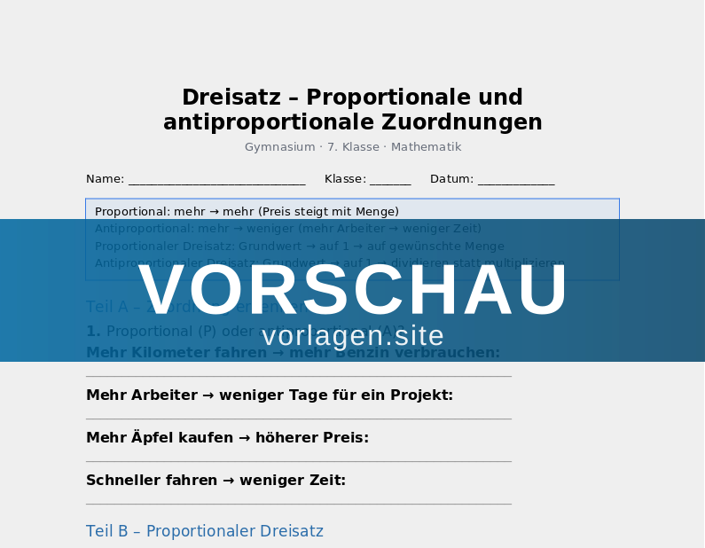 Dreisatz – Proportionale und antiproportionale Zuordnungen