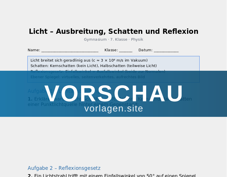Licht – Ausbreitung, Schatten und Reflexion