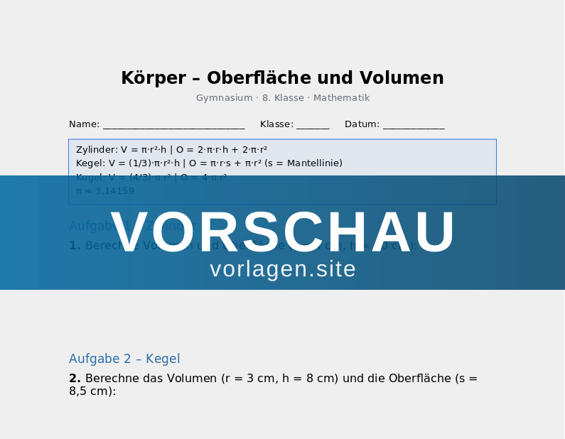 Körper – Oberfläche und Volumen