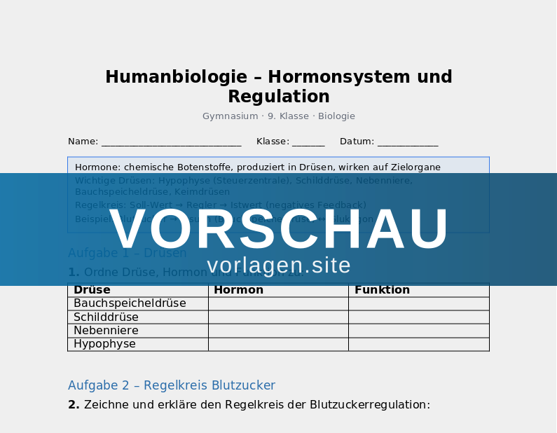 Humanbiologie – Hormonsystem und Regulation