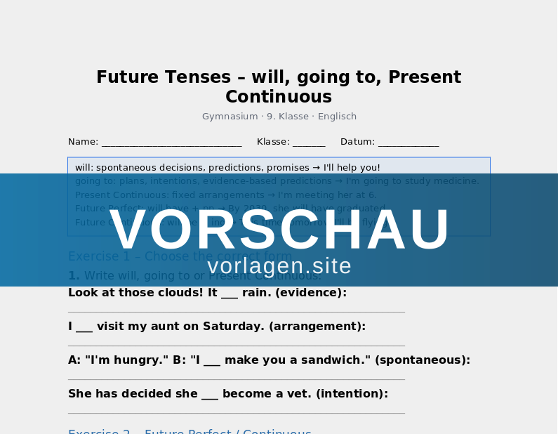 Future Tenses – will, going to, Present Continuous