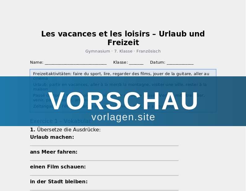 Les vacances et les loisirs – Urlaub und Freizeit