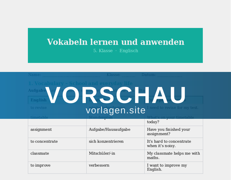 Vocabulary – School and Everyday Life