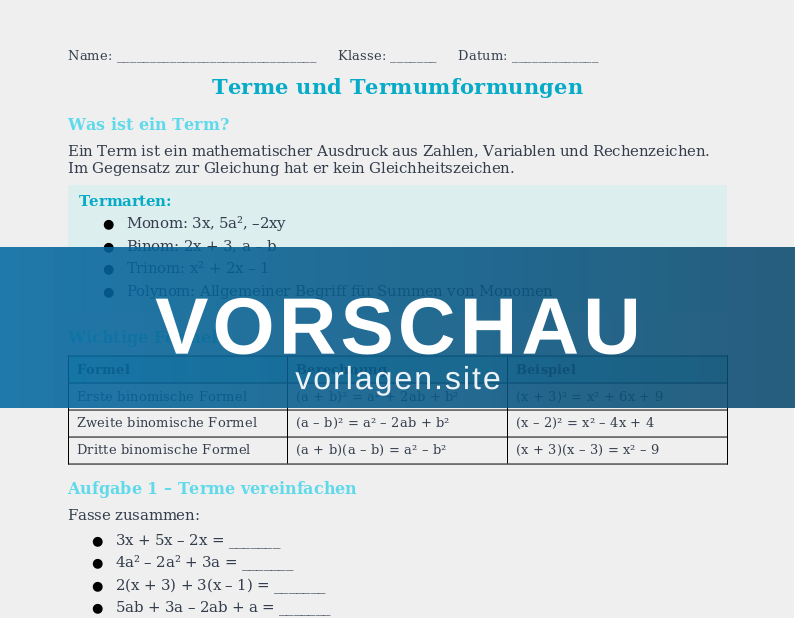 Terme und Gleichungen – Vereinfachen