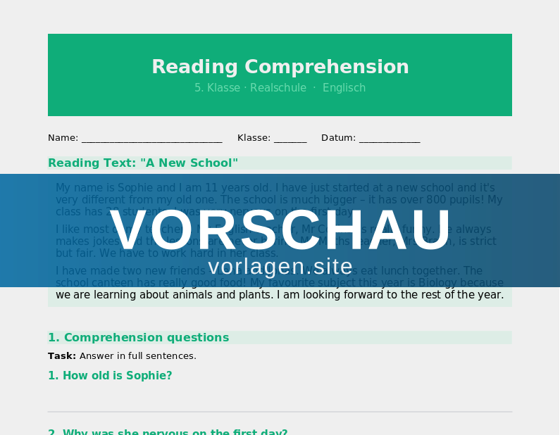 Reading Comprehension – My School Life