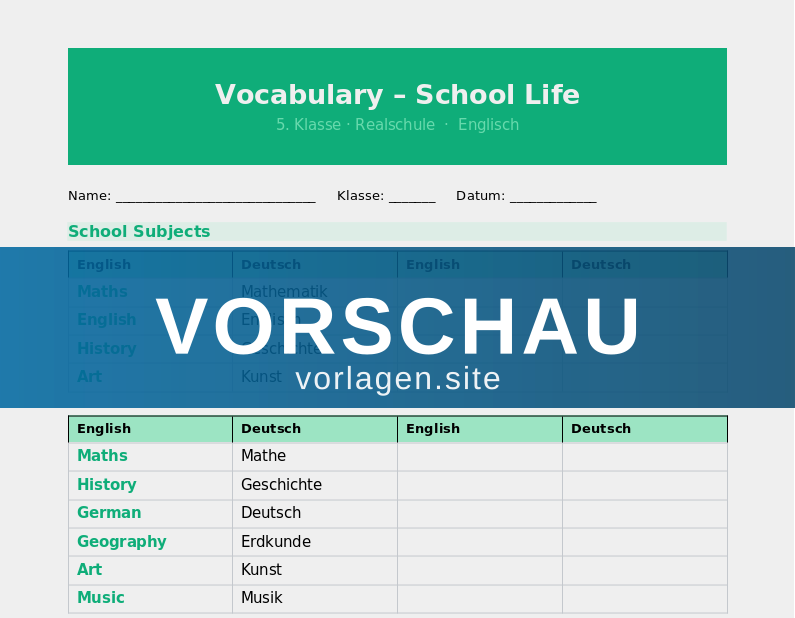 Vocabulary – School and Everyday Life